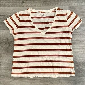Madewell Cream V-Neck Tee with Rust and Burnt Orange Stripes